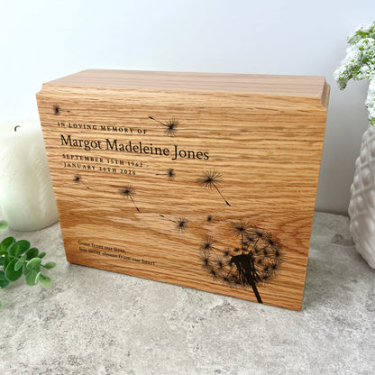 Personalised Slim Oak Urn For Cremation Ashes - Dandelion Design