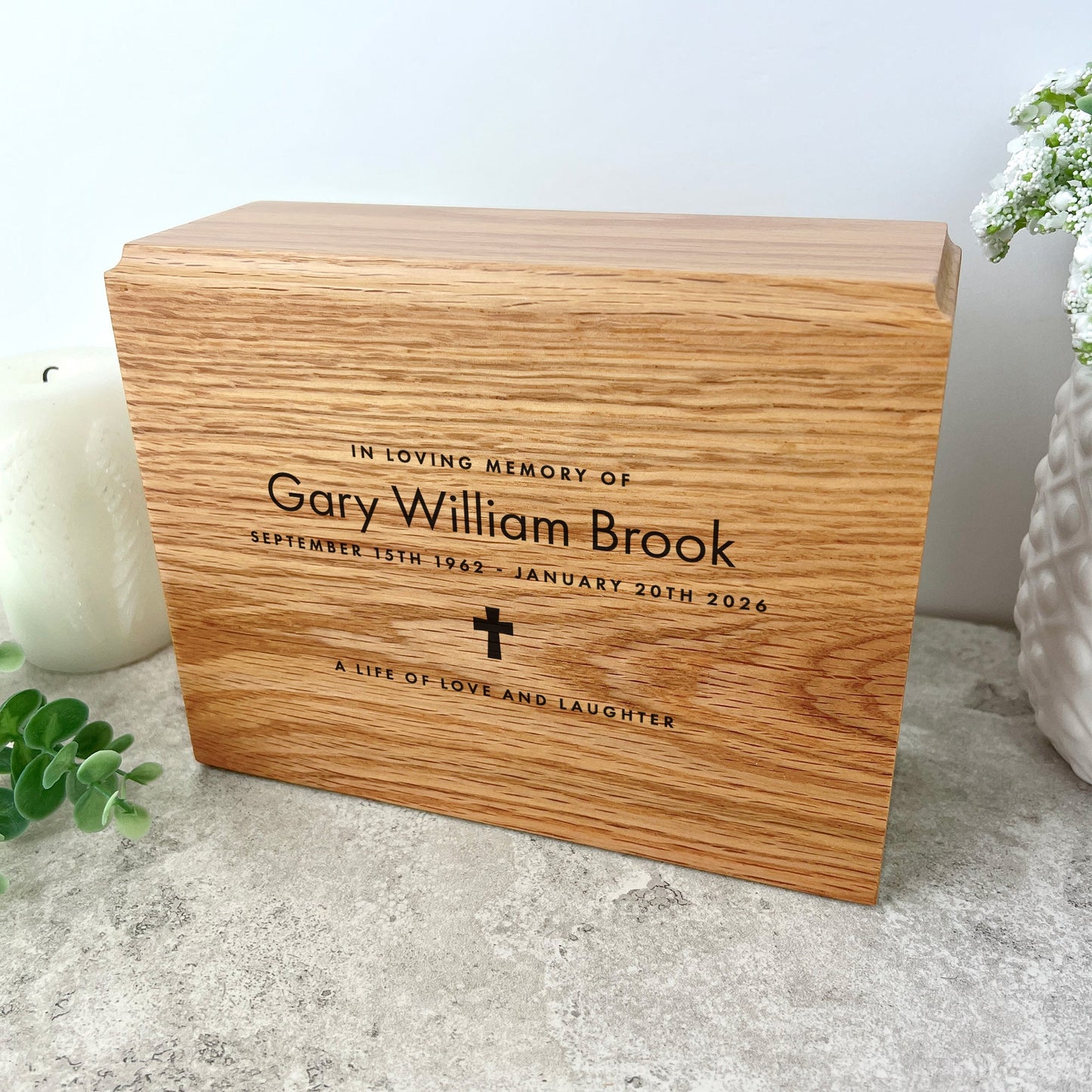 Personalised Slim Oak Urn For Cremation Ashes - Name & Icon Design