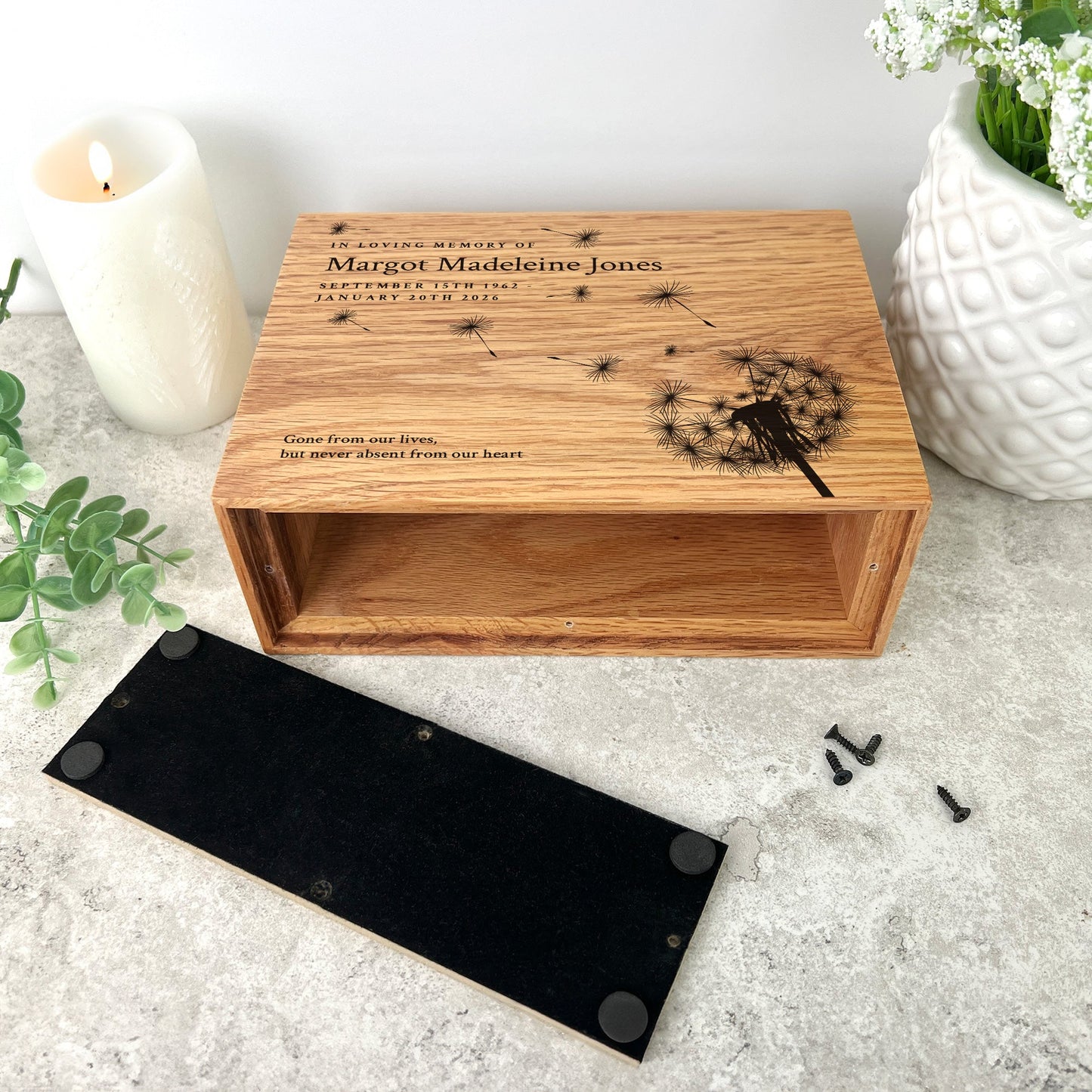 Personalised Slim Oak Urn For Cremation Ashes - Dandelion Design