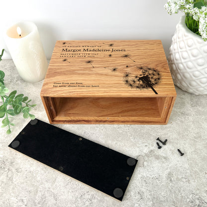 Personalised Slim Oak Urn For Cremation Ashes - Dandelion Design