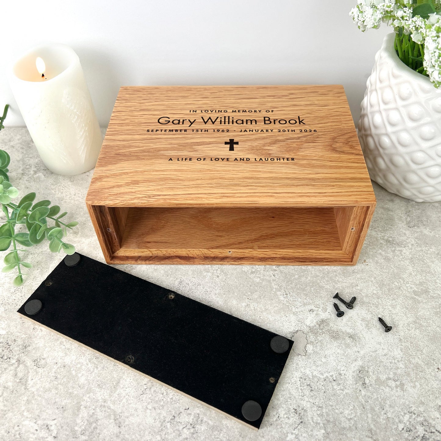 Personalised Slim Oak Urn For Cremation Ashes - Name & Icon Design