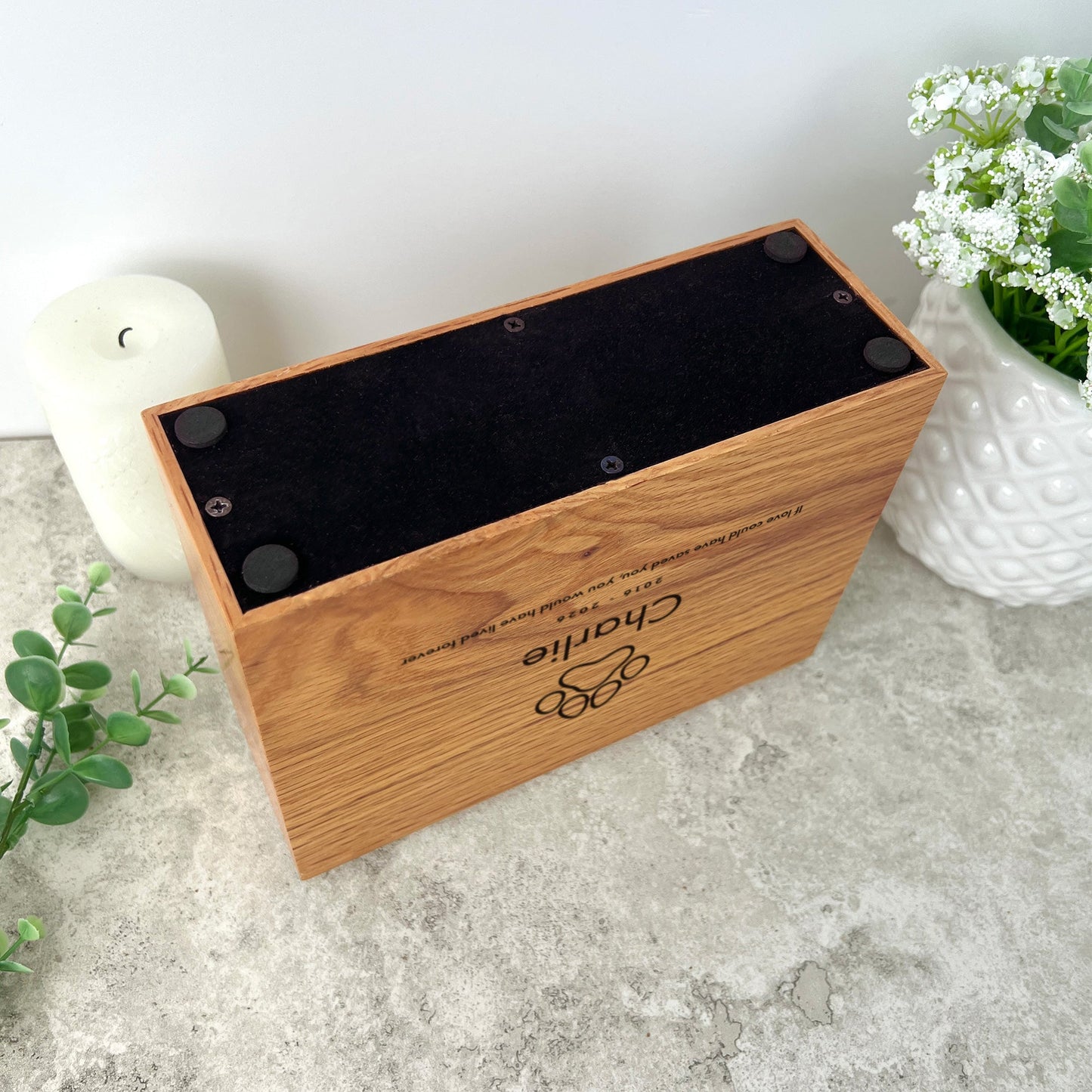 Personalised Slim Pet Oak Urn For Cremation Ashes - Dog/Cat Design