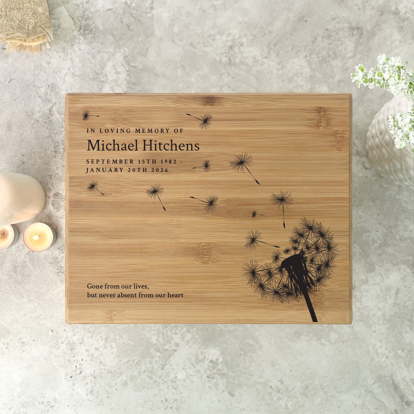 Personalised Bamboo Urn For Cremation Ashes - Dandelion Design