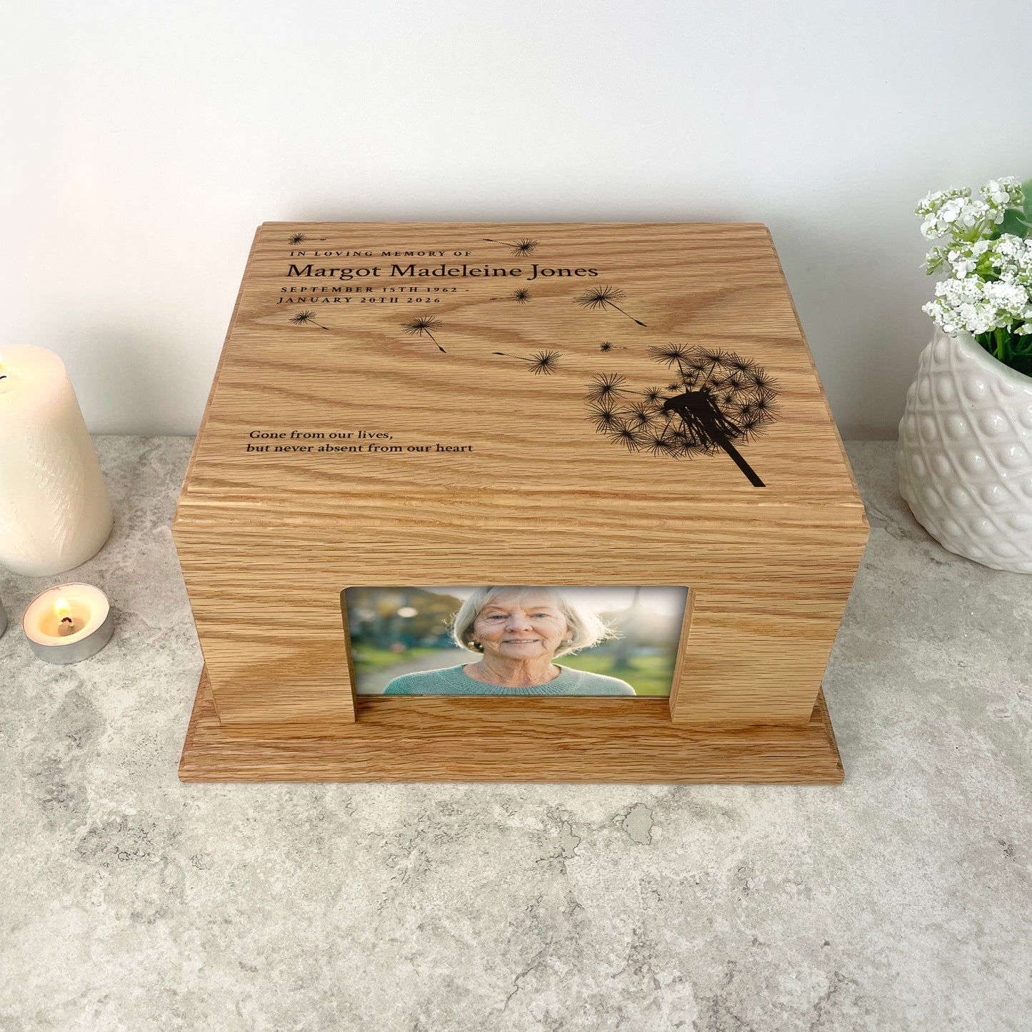 Personalised Oak Photo Urn For Cremation Ashes - Dandelion Design