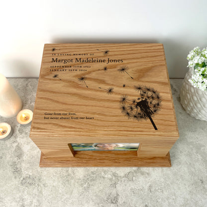 Personalised Oak Photo Urn For Cremation Ashes - Dandelion Design