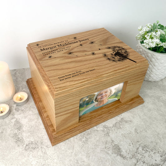 Personalised Oak Photo Urn For Cremation Ashes - Dandelion Design