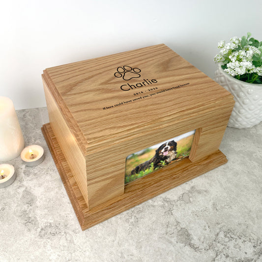 Personalised Oak Pet Urn with Photo - Dog/Cat Design