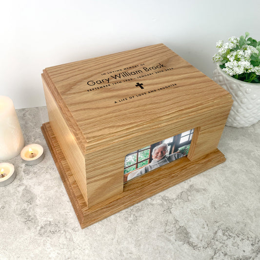 Personalised Oak Photo Urn For Cremation Ashes - Name & Icon Design