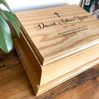 Personalised Cross Deluxe Solid Oak Adult Cremation Urn For Ashes