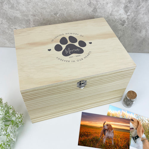 Personalised Pine Wooden Pet Name Memorial Memory Box - 4 Sizes (20cm | 26cm | 30cm | 36cm)