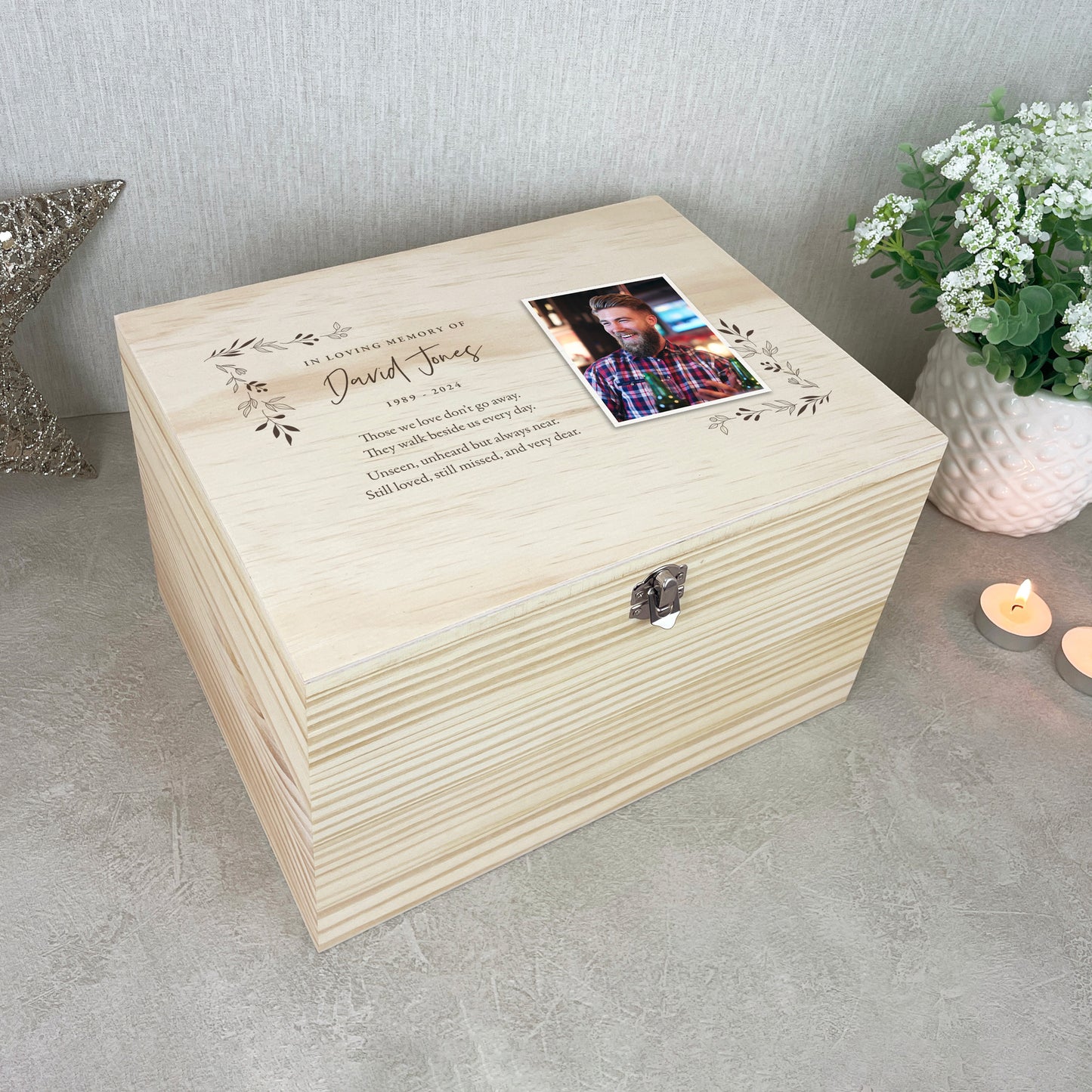 Personalised Pine Wooden One Photo Keepsake Memory Box - 5 Sizes (16cm | 20cm | 26cm | 30cm | 36cm)