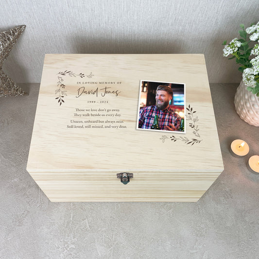 Personalised Pine Wooden One Photo Keepsake Memory Box - 5 Sizes (16cm | 20cm | 26cm | 30cm | 36cm)
