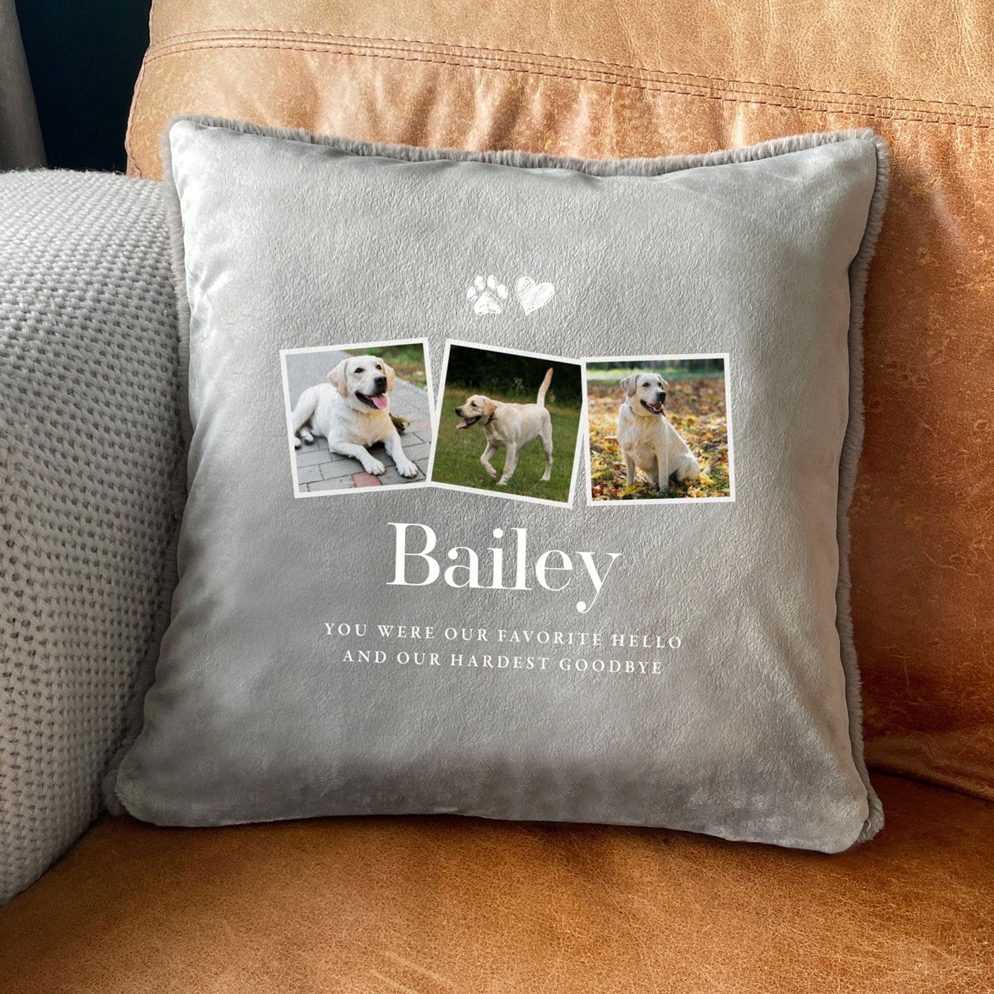 Personalised Three Photo Pet Memorial Ashes Faux Fur Cuddle Cushion