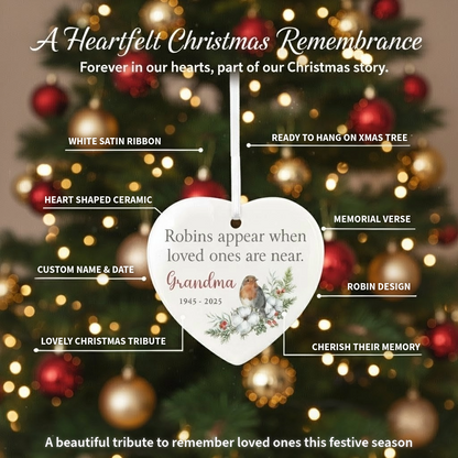 Robins Appear Ceramic Heart Hanging Decoration + Gift Box