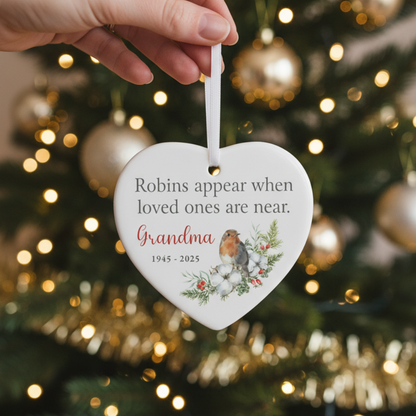 Robins Appear Ceramic Heart Hanging Decoration + Gift Box