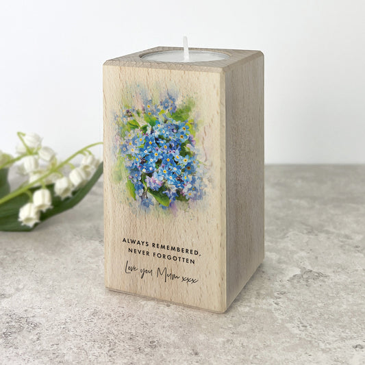 Personalised Forget-Me-Not Wooden Tea Light Holder - 2 Sizes