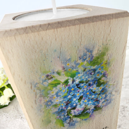 Personalised Forget-Me-Not Wooden Tea Light Holder - 2 Sizes