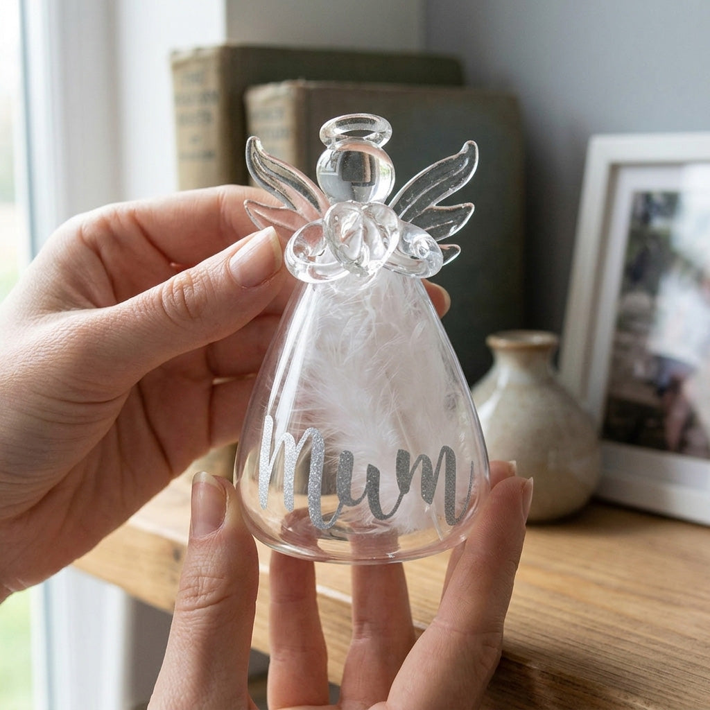 Personalised Memorial Angel. Clear Glass. Filled With White Feathers.