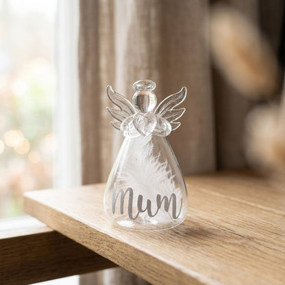 Personalised Memorial Angel. Clear Glass. Filled With White Feathers.