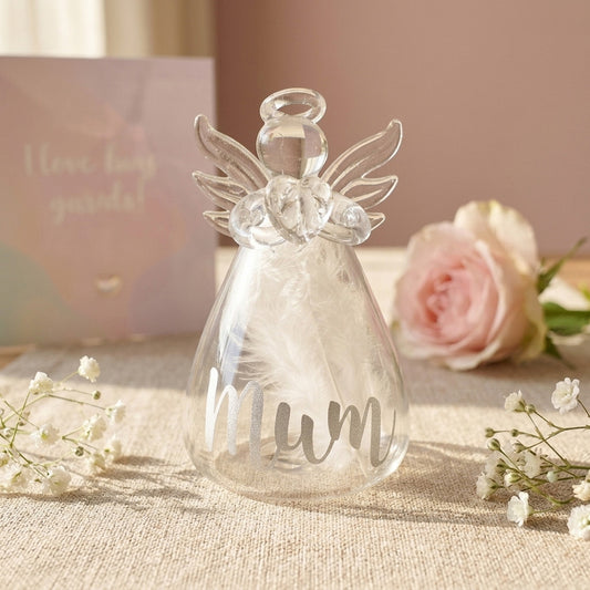 Personalised Memorial Angel. Clear Glass. Filled With White Feathers.