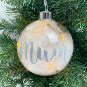 Personalised White Feather Filled Large LED Glass Bauble