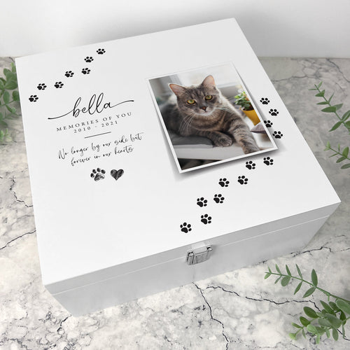 Personalised Paw Prints Square Luxury White Wooden Pet Memorial Photo Memory Box - 2 Sizes