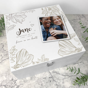 Personalised Luxury Square Floral White Wooden Memorial Photo Memory Box - 2 Sizes