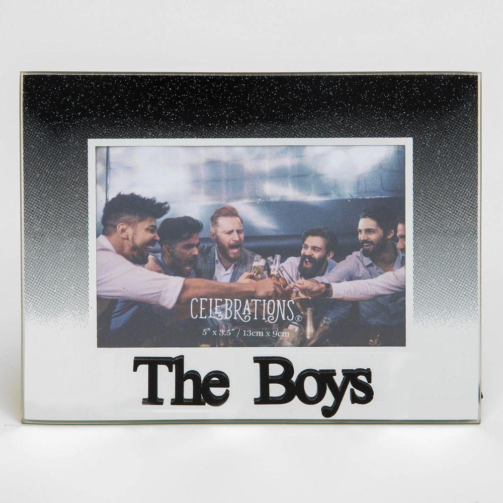 Photo Frame. 5x3½inch. Black Glitter Glass. 'The Boys' Text.