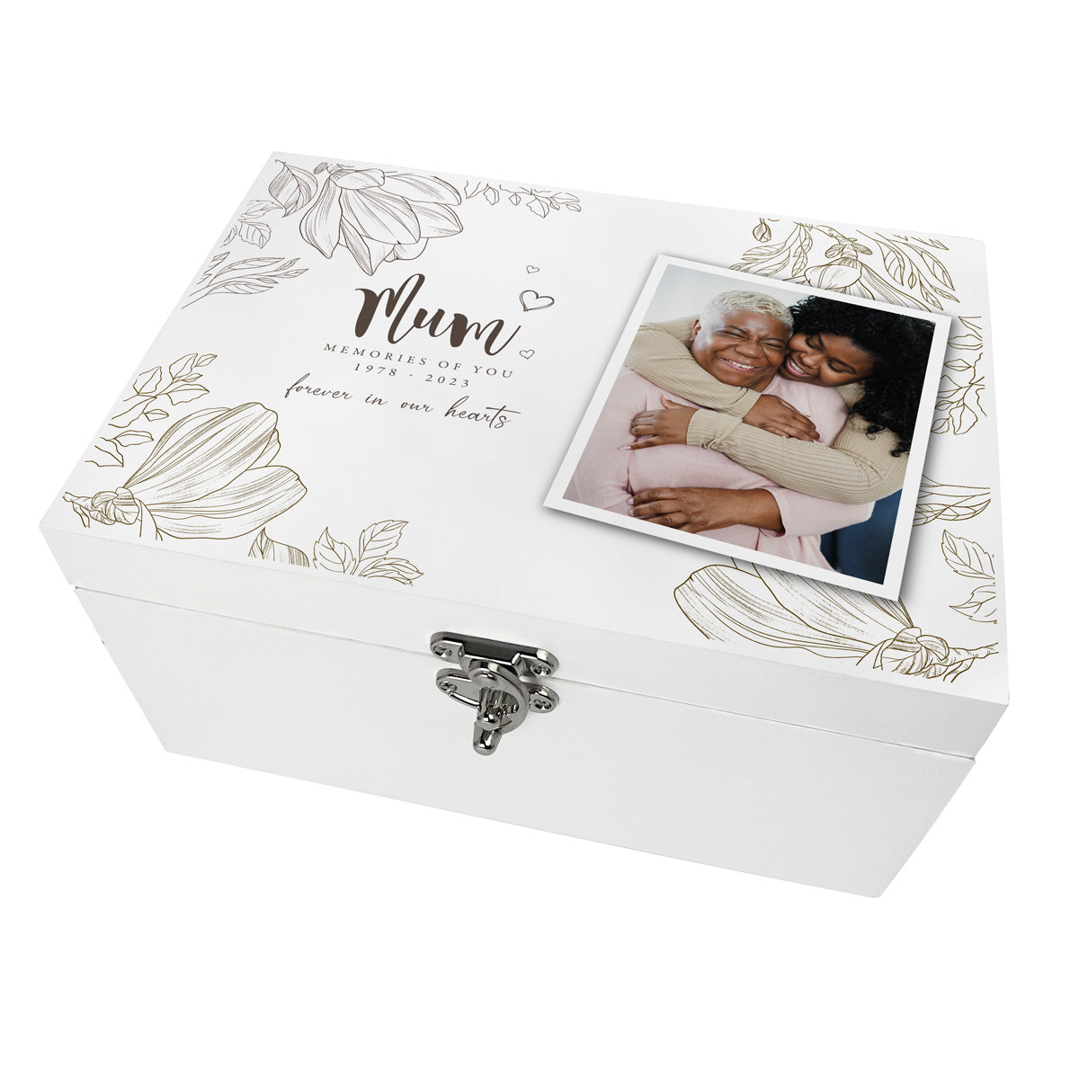 Personalised Floral White Wooden Memorial Photo Keepsake Memory Box - 3 Sizes (22cm | 27cm | 30cm)