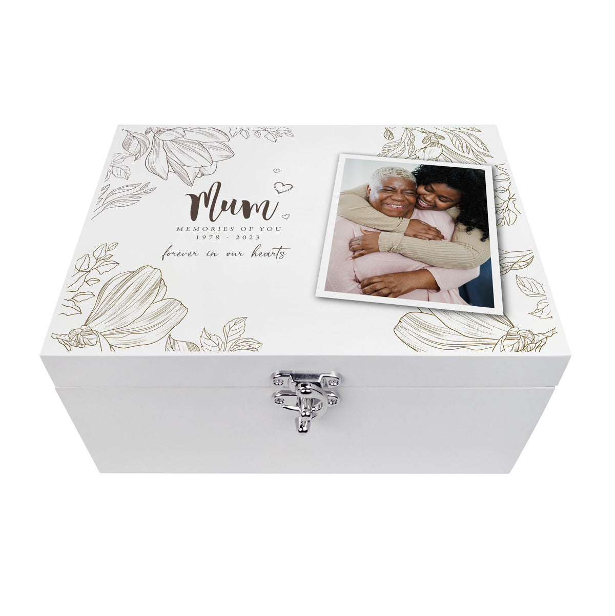 Personalised Floral White Wooden Memorial Photo Keepsake Memory Box - 3 Sizes (22cm | 27cm | 30cm)