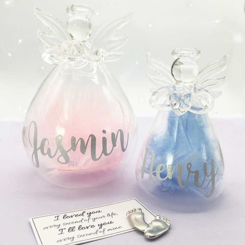 Personalised Memorial Angel. Clear Glass. Filled With Baby Pink or Baby Blue Feathers.