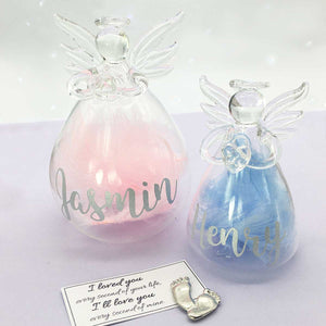 Personalised Memorial Angel. Clear Glass. Filled With Baby Pink or Baby Blue Feathers.