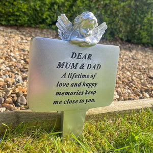 Silver Cherub Garden/Grave Marker Stake - Dear Mum and Dad