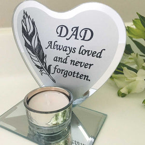 Remembrance Tea Light Holder. Mirrored. Feather.  'Dad ... Never Forgotten '