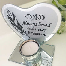 Load image into Gallery viewer, Remembrance Tea Light Holder. Mirrored. Feather.  &#39;Dad ... Never Forgotten &#39;