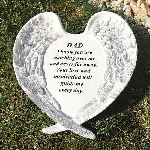 Outdoor Memorial Ornament. White Angel Wings Enfold 'Dad ... Watching Over Me'.