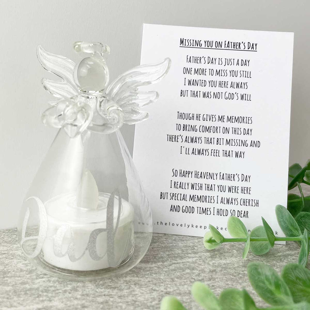 Missing You On Father's Day Poem & Personalised LED Glass Angel