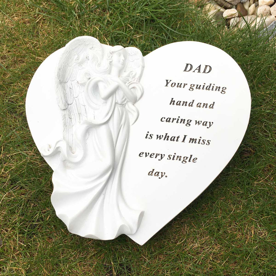 Grave Ornament. White Heart with 3D Angel. 'Dad ... I Miss Every Single Day.'