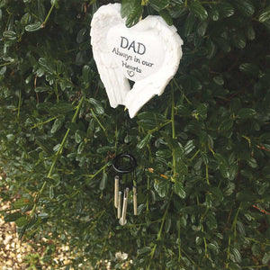 Outdoor Memorial Wind Chimes. White Angel Wings. 'DAD Always in our Hearts'.