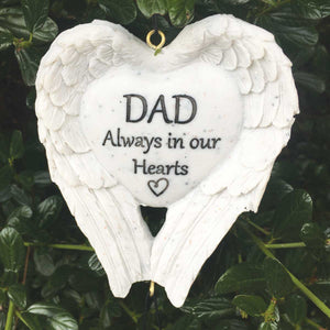 Outdoor Memorial Wind Chimes. White Angel Wings. 'DAD Always in our Hearts'.