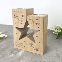 Load image into Gallery viewer, Personalised Solid Wooden Angel Baby Memorial Star Tea Light Holders