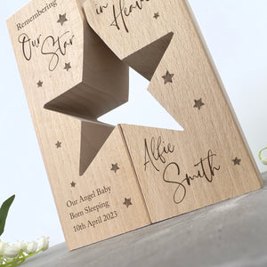 Personalised Solid Wooden Angel Baby Memorial Star Tea Light Holders