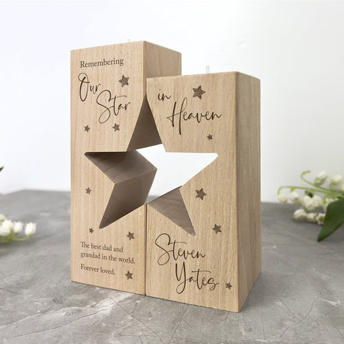 Personalised Solid Wooden Memorial Star Tea Light Holders