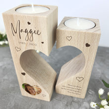 Load image into Gallery viewer, Personalised Solid Wooden Photo Memorial Heart Tea Light Holders