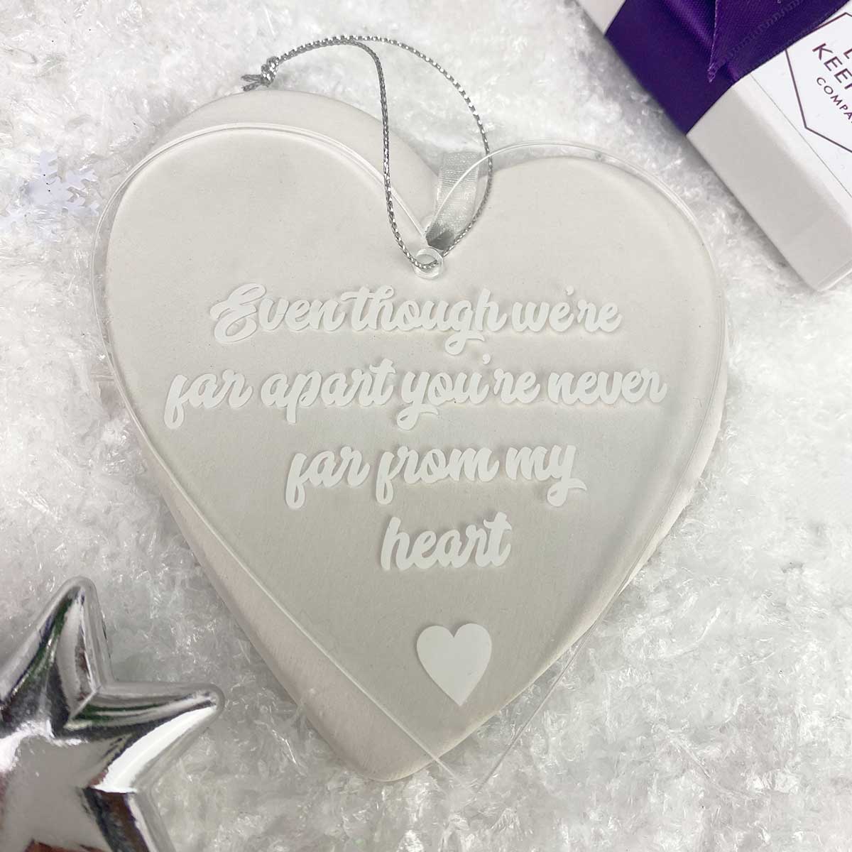 Memorial Christmas Tree Decoration, Clear Acrylic Hanging Heart, "Never Far From My Heart"