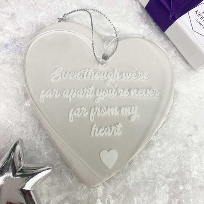 Memorial Christmas Tree Decoration, Clear Acrylic Hanging Heart, "Never Far From My Heart"