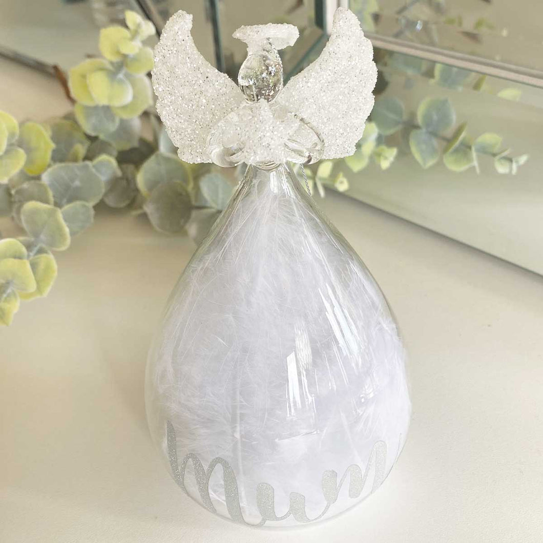 Personalised Memorial Ornament. Clear Glass Angel With Glitter And Feathers.