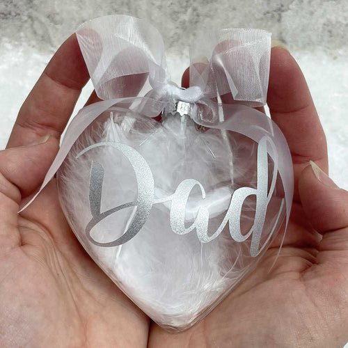 Personalised Feather Filled Heart Memorial Glass Bauble 10cm