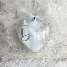 Load image into Gallery viewer, Personalised Feather Filled Heart Memorial Glass Bauble 10cm