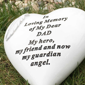 Outdoor Memorial Tribute. Feather embellished Heart. 'In Loving Memory - Dad'.